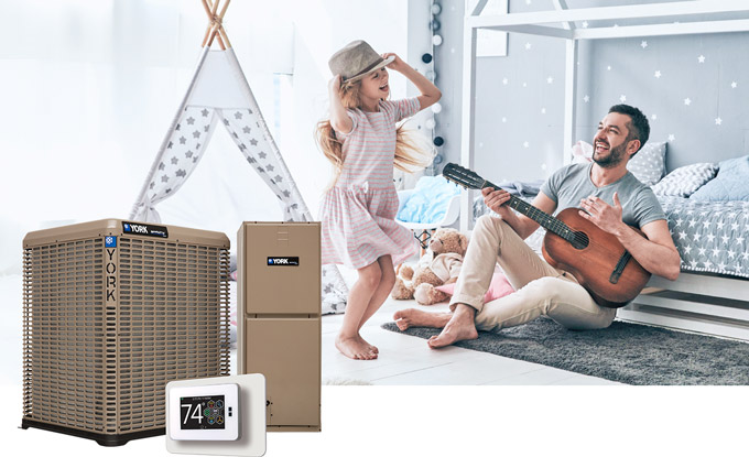 York air conditioning system with a photo of a father and daughter having fun indoors
