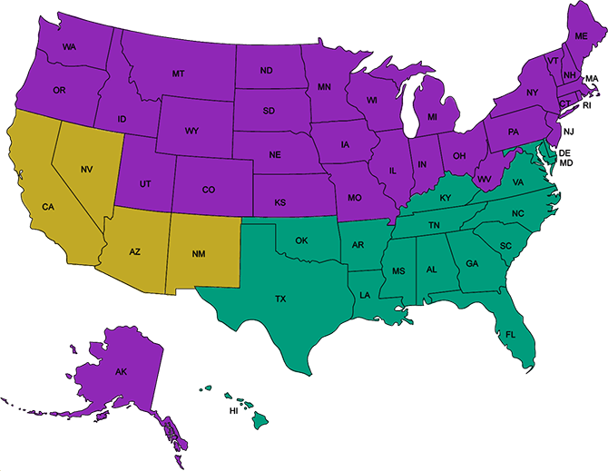 USA Map with North, Southwest and South regions color blocked to illustrate the 2023 AC Energy Efficiency Standards