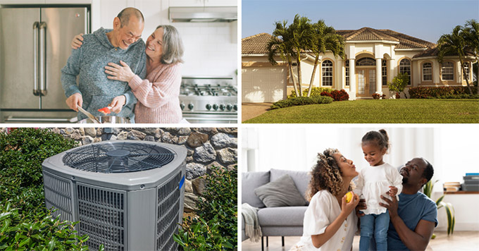 collage of photos of a home, an ac unit, a young family and a senior couple